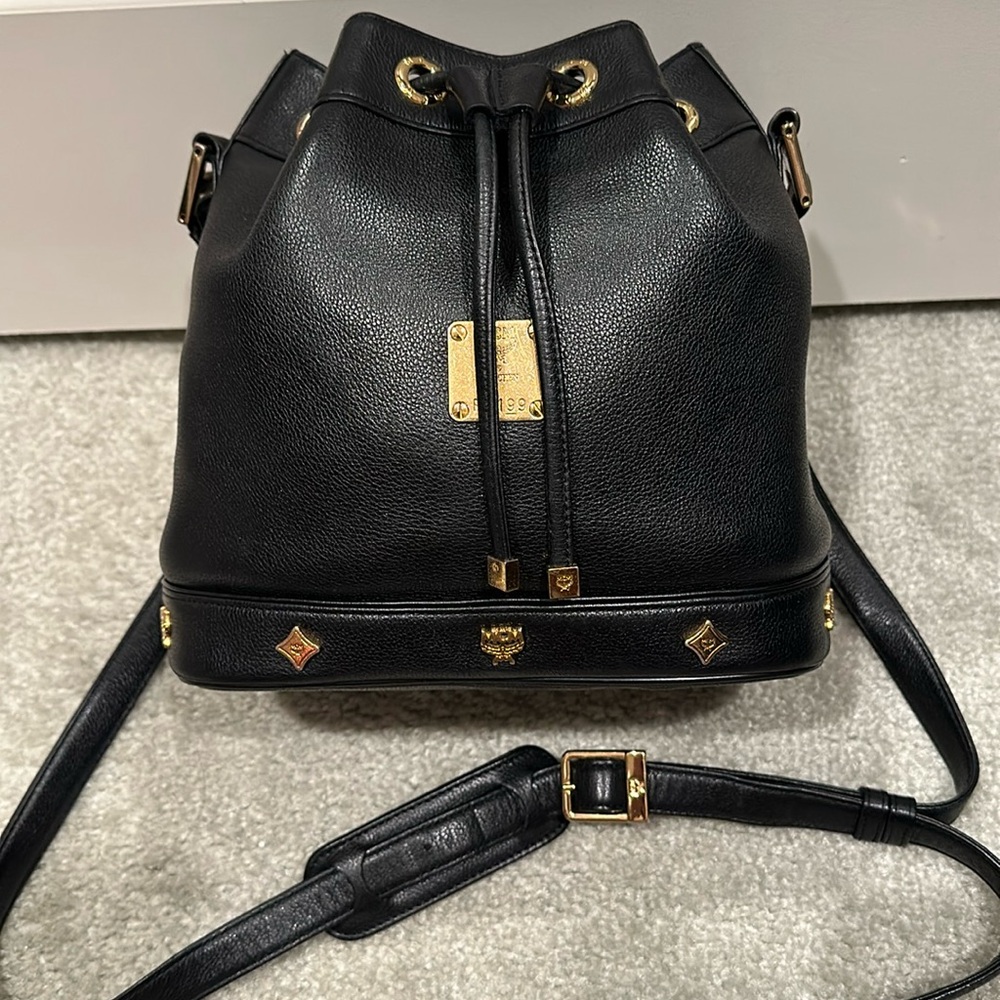 Authentic MCM black leather bucket crossbody bag